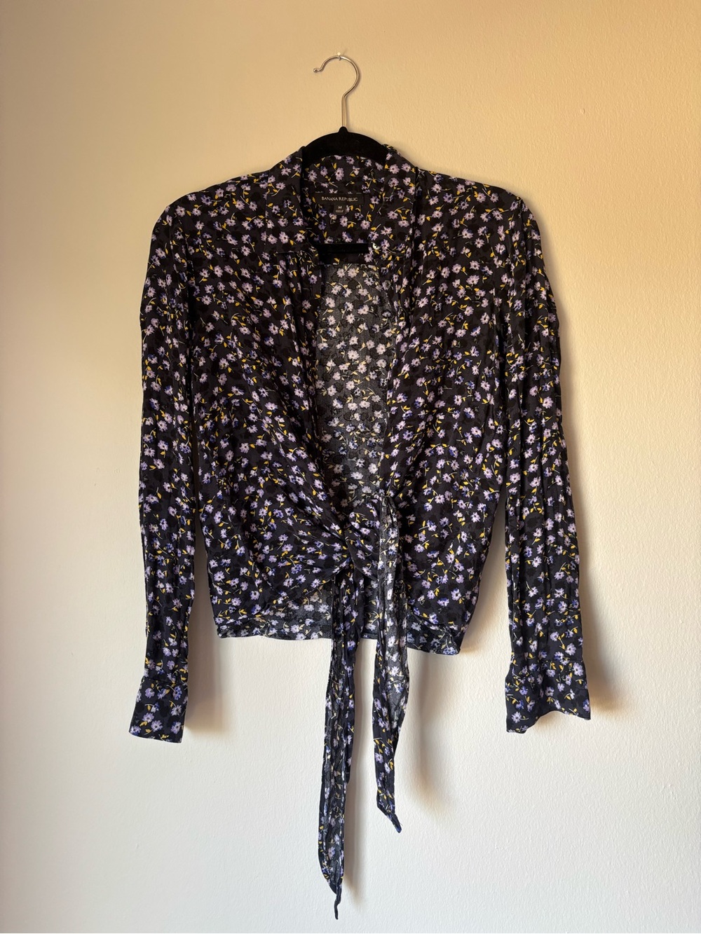 Banana Republic Black Tie-Front Blouse with Lavender and Yellow Floral
